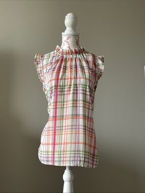 Ann Taylor Plaid Ruffle Cap-Sleeve Camisole - Pink, Green, Orange